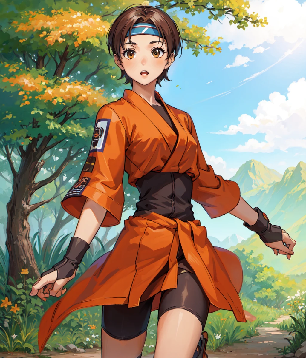 masterpiece, high res, detailed face, detailed eyes, 1 girl, solo, psyched up, slender, fit, muscular, tomboy, short hair, brown hair, brown eyes, orange kimono, fingerless gloves, bike shorts, white blue headband, legs, shin protectors, full body, standing, outdoors, valley <lora:wakaba3:1>