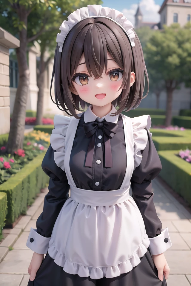 insanely detailed, absurdres, ultra-highres, ultra-detailed, best quality,
1girl, solo, nice hands, perfect hands
BREAK
(cleavage:-1.5),
(traditional maid:1.2),
apron, blush, bow, bowtie, frilled apron, frills, long sleeves, maid, maid apron, maid headdress, waist apron, white apron,
(maid costume, maid hair dress:1.3), long skirt
BREAK
happy smile, laugh, open mouth
BREAK
,
standing, cowboy shot, looking at viewer
BREAK
slender, kawaii, perfect symmetrical face, ultra cute girl, ultra cute face, ultra detailed eyes, ultra detailed hair, ultra cute, ultra beautiful
BREAK
fantasy world, garden of a castle, depth of field, ultra detailed background
BREAK
medium breasts
BREAK
(brown hair, brown eyes), short bob cut, hair between eyes