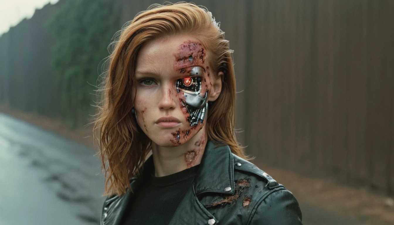 close up photograph shot of a natural redhead country woman 18 year old she is a damaged terminator with half the face damaged, wearing a black sweater with a leather jacket on top, in a stree,  cinematic, high quality, HD, sharp focus, detailed skin,<lora:CDD2D88D1B:1.3>