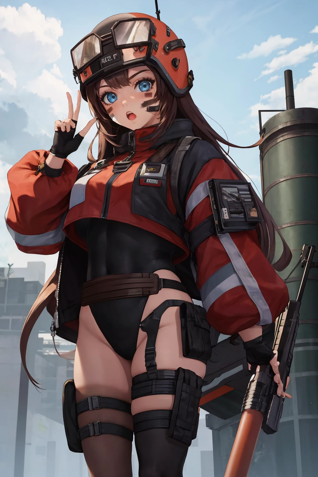 masterpiece, best quality, 1girl, solo, <lora:mica-nikke-richy-v1:1> micadef, very long hair, helmet, facial mark, bandaid on face, jacket, leotard, belt, thighhighs, thigh straps, thigh pouch, :o, fingerless gloves, rocket launcher, huge weapon, standing, holding weapon, looking at viewer,