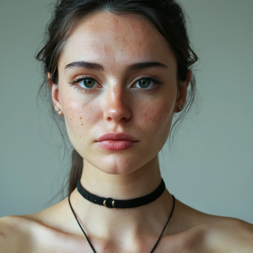 (Skin texture), Super high res closeup portrait photo of a woman wearing no makeup, wearing a small string choker around her neck,f /2.8, Canon, 85mm,cinematic, high quality, skin texture, looking at the camera,<lora:grmckenna_xl_1_standard_merger-27_58_03_07:1>