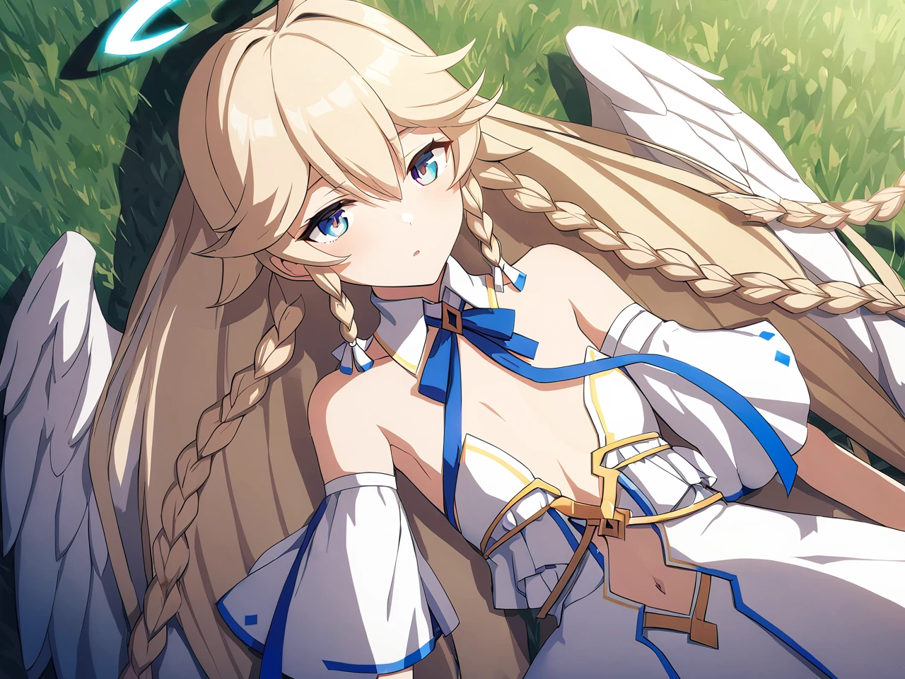 dsaola, blue eyes, (multicolored eyes:0.5), blonde hair, very long hair, twin braids, bangs, ahoge, halo, angel, flat chest, white dress, navel cutout, detached collar, strapless, neck ribbon, bare shoulders, angel wings, 1girl, solo
BREAK
lying on back, from above, grass, dynamic angle, cinematic, game cg, masterpiece, best quality
<lora:dsaola_a3b:1>