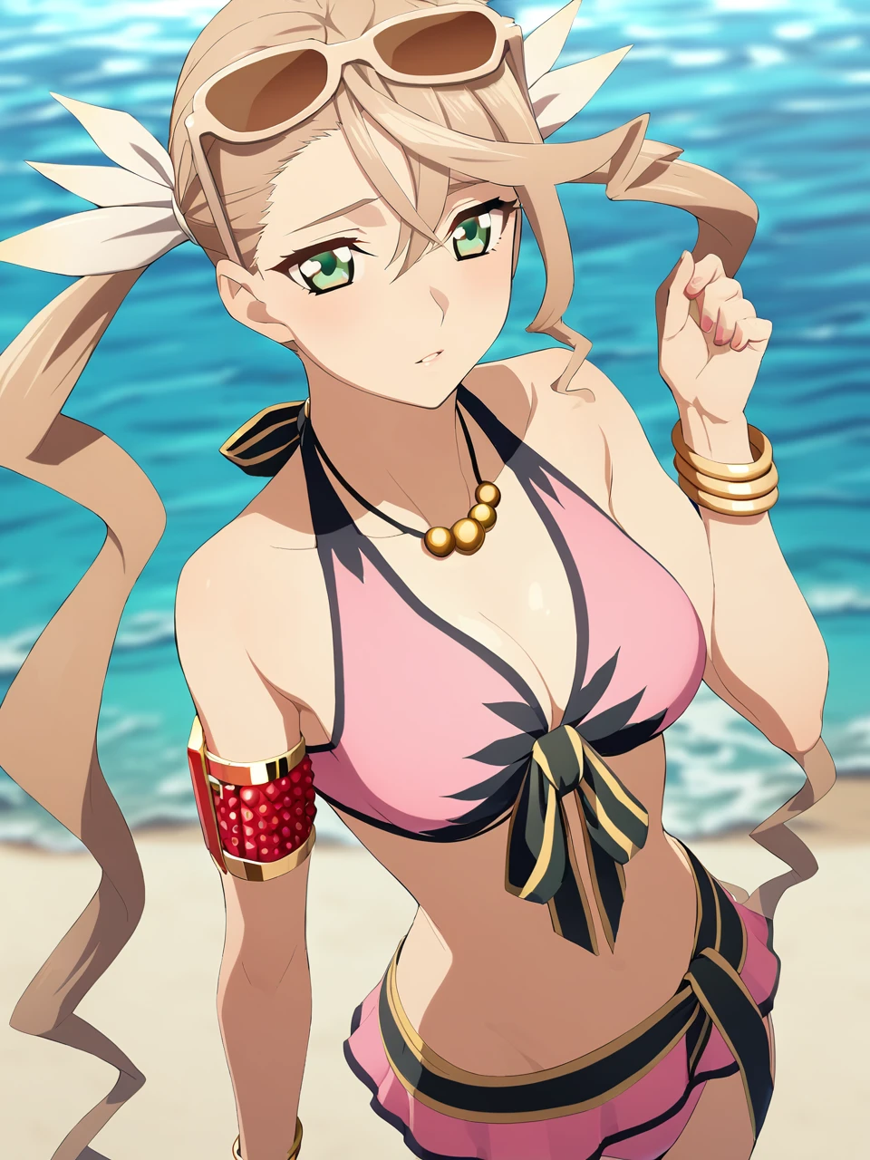 adswim, blonde hair, (long hair, twintails:1.1), green eyes, (pink bikini:1.1), front-tie bikini top, necklace, sunglasses, armlet, bracelet, eyewear on head, 1girl, solo
BREAK
beach, crystal clear ocean water, sandy shores, depth of field, cinematic, masterpiece, best quality, game cg
 <lora:dsalisha_a3b:1>