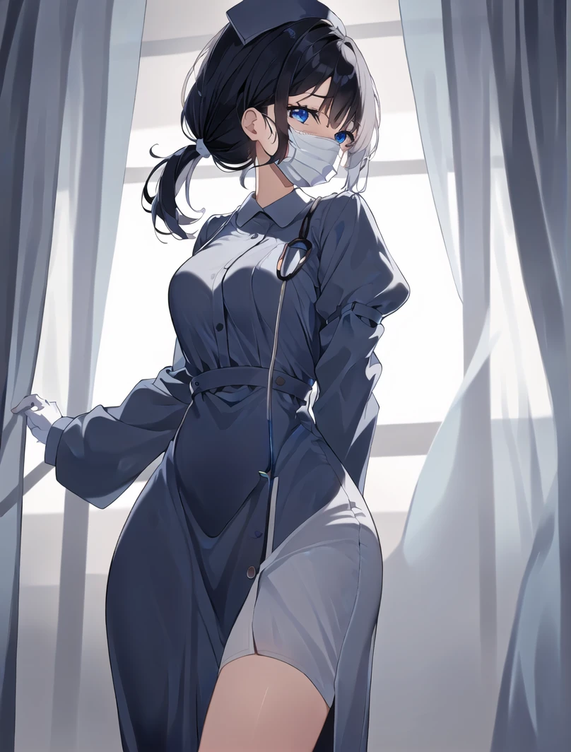 masterpiece, best quality, high quality,1girl, lower body, hospital, <lora:Long nurse unifirm T2:0.8> ((longnurset2, gloves, surgical mask, nurse, nurse cap, stethoscope,puffy dress,long sleeves,long dress)), <lora:Kaede Sakata:0.7> (1girl, 3dcg 07, black hair, blue eyes, curtained hair, kaede sakata, low twintails, medium breasts, parted bangs, ponytail, short hair, solo, twintails),
