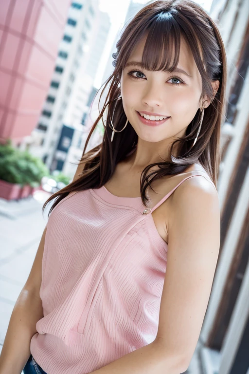 1girl, (pink seamless camisole, jacket:1.6),(sleeveless, off shoulder:1.4),(RAW photo, best quality), (realistic, photo-realistic:1.4), masterpiece, an extremely delicate and beautiful, extremely detailed, 2k wallpaper, Amazing, finely detail, extremely detailed CG unity 8k wallpaper, ultra-detailed, highres, soft light, beautiful detailed girl, extremely detailed eyes and face, beautiful detailed nose, beautiful detailed eyes,(cinematic lighting:1.4),(in the city:2.0),perfect anatomy,(slender body:1.6),(close up face:),(laugh,Friendly, warm:2.0),(looking at viewer:1.8),(japanese idol:1.8),(shoulder length brown hair:1.8), (brown eyes:1.8),(dynamic posing:1.8), <lora:shutouyukina_lora-10:0.8>