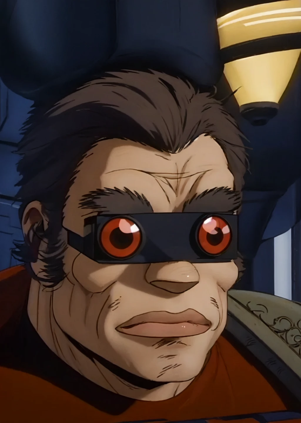 buaku, solo, male, aged, close up, short hair, visor with red lenses, red shirt, <lora:Buaku_Dominion_Tank_Police-000013:1>