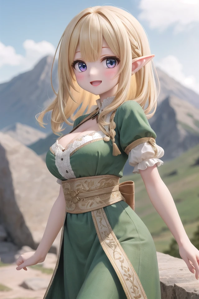 insanely detailed, absurdres, ultra-highres, ultra-detailed, best quality,
1girl, solo, nice hands, perfect hands
BREAK
elf girl, (wearing green dress:1.2), (nsfw:-1.5), (navel:-1)
BREAK
happy smile, laugh, open mouth
BREAK
,
standing, cowboy shot, looking at viewer
BREAK
slender, kawaii, perfect symmetrical face, ultra cute girl, ultra cute face, ultra detailed eyes, ultra detailed hair, ultra cute, ultra beautiful
BREAK
On the peak of a distant mountain, a gargantuan dragon from the ancient times roars, depth of field, ultra detailed background
BREAK
large breasts, cleavage,
BREAK
blonde hair, medium hair, elf ear, pink eyes