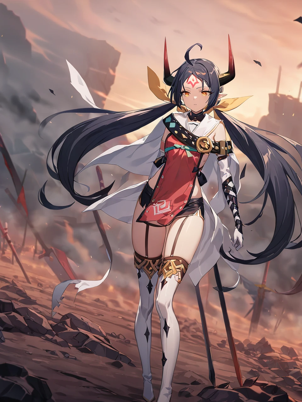 masterpiece, best quality, 1girl, solo, dsaravi, black hair, yellow eyes, pointy ears, very long hair, twintails, ahoge, horns, forehead mark, hair ribbon, red tabard, chest belt, elbow gloves, thighhigh boots, black shorts, small breasts, outdoors, battlefield, fire, red sky
<lyco:dsaravi_lc_768:0.9>