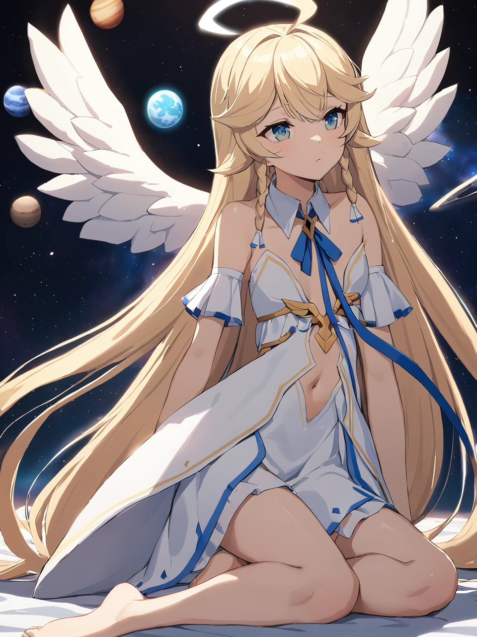 Zaora, blue eyes, (Variegated eyes:0.5), Blonde, Very long hair, Twin Blade, bangs, Ahoge, Hello, Angel, Flat Chest, White Dress, Belly button cutout, Detachable collar, Strapless, Neck ribbon, Bare shoulders, Angel wings, barefoot, One girl, Solo Break Space, planet, Depth of written boundary, Cinematic, masterpiece, Highest quality, Game CG