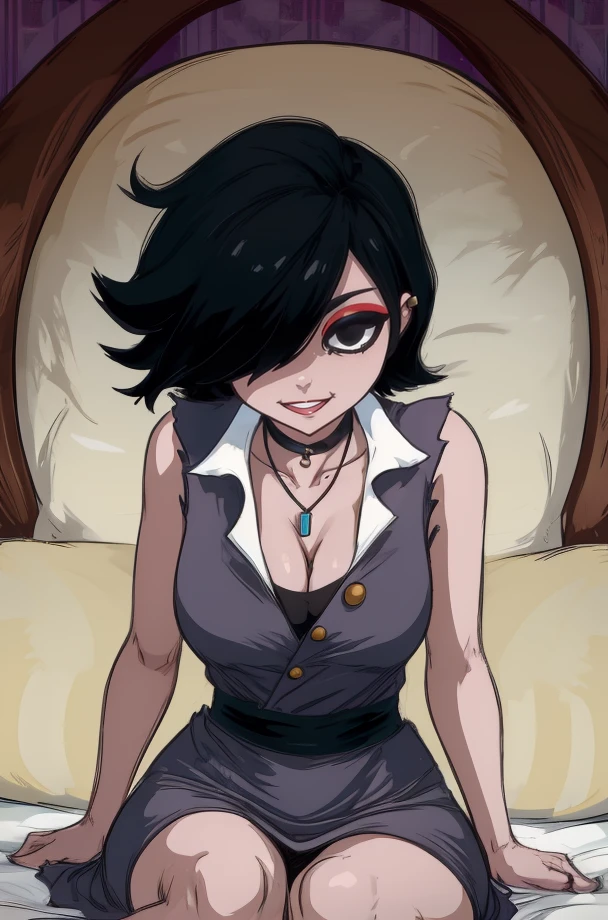 mari,black hair,makeup,stud earrings,black eyes,hair over one eye,
grey dress,sleeveless,black sash, necklace,choker,
sitting,cleavage,smile,
room,dim lighting,
(insanely detailed, masterpiece, best quality),<lora:mari:0.8>,