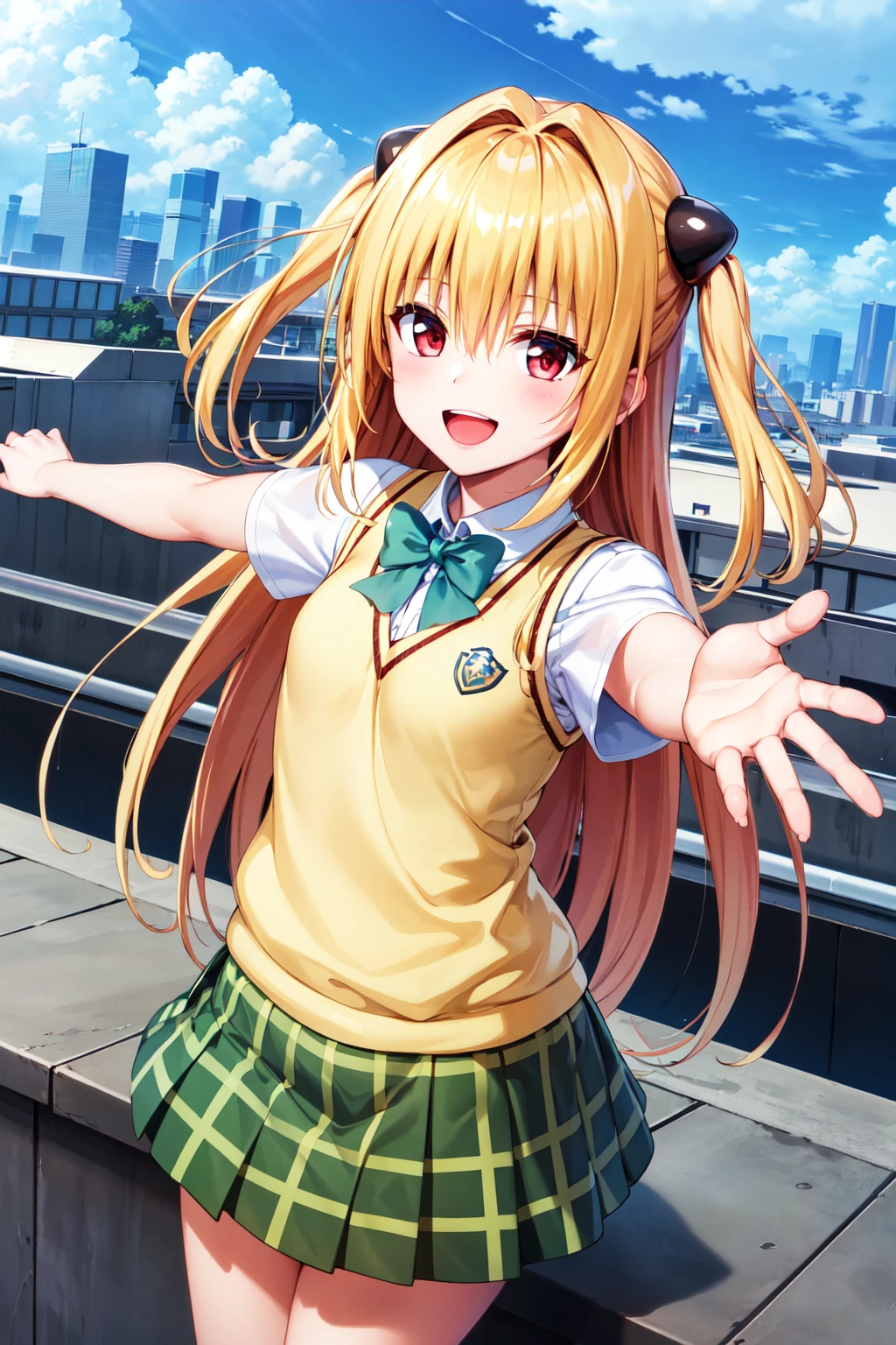 masterpiece, best quality, highres, aayami, very long hair, two side up, hair ornament, school uniform, green bowtie, white shirt, sweater vest, yellow vest, short sleeves, plaid skirt, green skirt, <lora:konjiki_no_yami_v1:0.7>, reaching out, rooftop, sky, standing, outstretched arms, smile, open mouth,