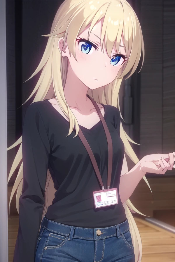 kouyagami, <lora:kou yagami s2-lora-nochekaiser:1>,
kou yagami, long hair, blue eyes, blonde hair,
BREAK shirt, collarbone, pants, black shirt, id card, lanyard, denim,
BREAK indoors, office,
BREAK looking at viewer, (cowboy shot:1.5),
BREAK <lyco:GoodHands-beta2:1>, (masterpiece:1.2), best quality, high resolution, unity 8k wallpaper, (illustration:0.8), (beautiful detailed eyes:1.6), extremely detailed face, perfect lighting, extremely detailed CG, (perfect hands, perfect anatomy),