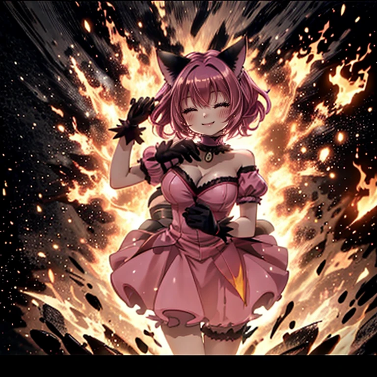 ((top quality, 8k wallpaper)),(masterpiece, best quality),extremely detailed,high definition,(official art:1.3),(((anime screencap,black outline))),<lora:more_details:0.3>,<lora:LCM_LoRA_Weights_SD15:1>,1girl, solo, BREAK <lora:momomiya_ichigo_v2:0.75>, mi1,pink choker,cat girl,short hair,cat ear,pink hair,choker,large breasts,magical girl,cleavage,detached sleeves,dress,gloves,pink dress,puffy detached sleeves,puffy sleeves,red gloves,ribbon,tail,tail bell,tail bow,tail ornament,bow,cat tail, BREAK <lora:flameSilhouette:0.4>,(((closed eyes, smile, looking at viewer, light smile, silhouette,burning,fire,flame, flaming, backlighting,black silhouette))),