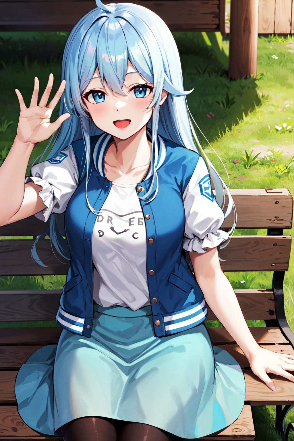 masterpiece, best quality, highres, aamahiro, long hair, blue hair, blue eyes, collarbone, white shirt, letterman jacket, blue jacket, open jacket, puffy sleeves, short sleeves, blue skirt, black pantyhose, <lora:yukishiro_mahiro_v1:0.7>, sitting, waving, smile, bench, open mouth