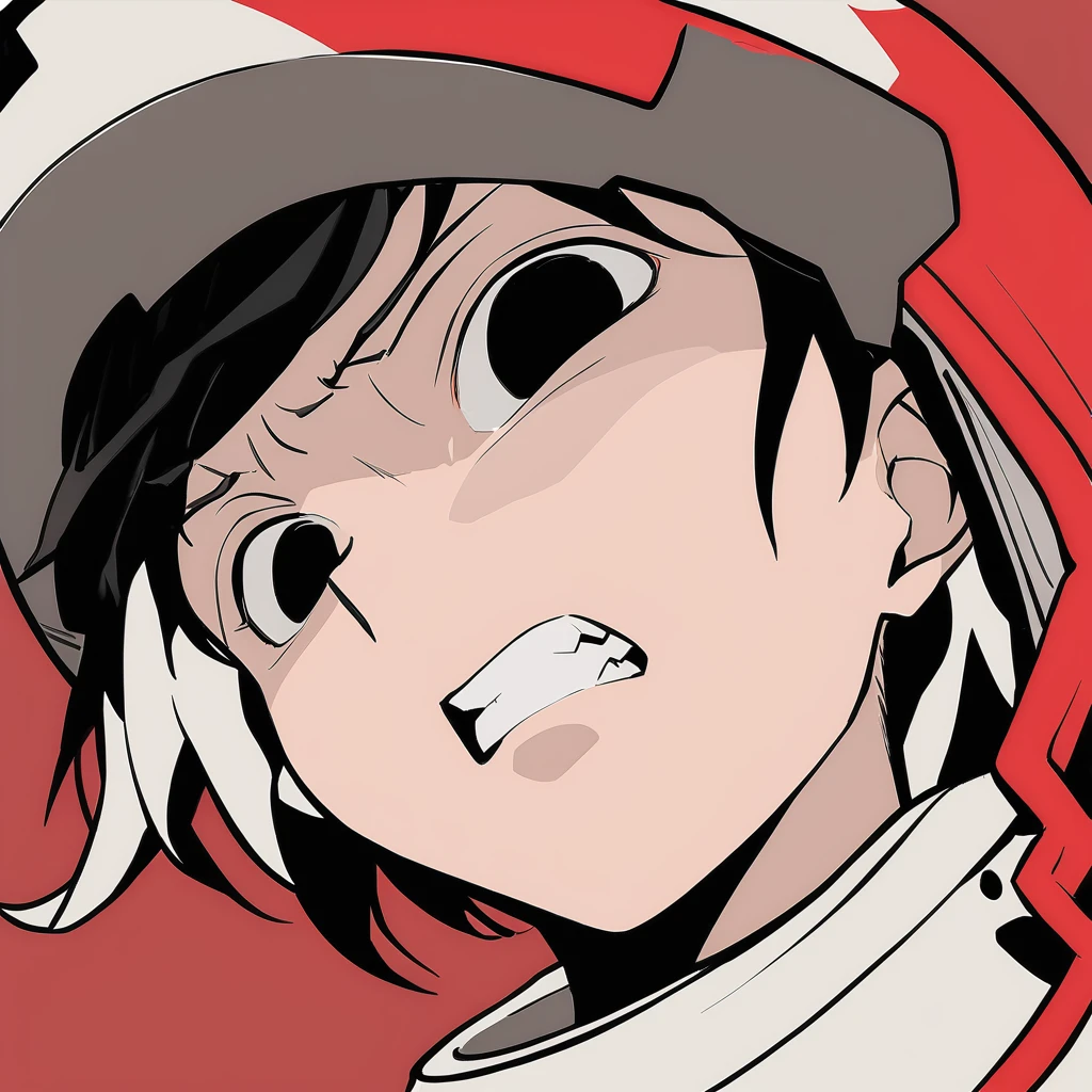 masterpiece, best quality, aokizy, portrait, helmet, 1girl, flat color, clenched teeth, black eyes, red background, long hair, gumdam helmet, <lora:aokizy_xl:0.8>