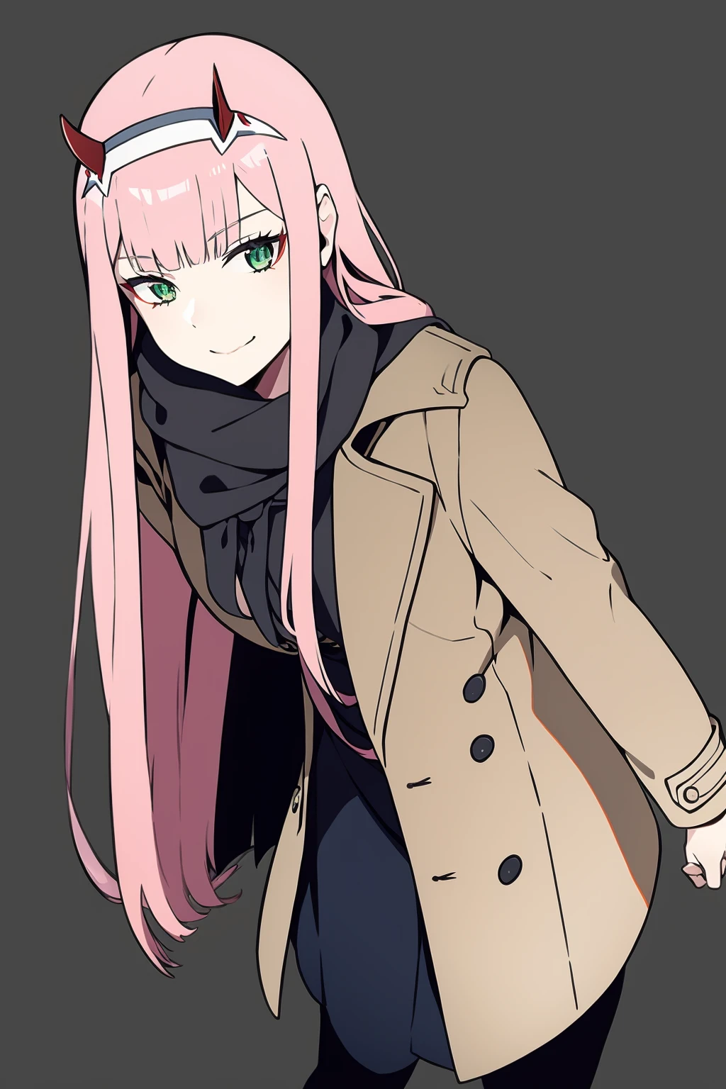masterpiece, best quality, <lora:zerotwo:1>,1girl, zero two (darling in the franxx), long hair, solo, pink hair, coat, smile, hairband, horns, pantyhose, grey coat, white hairband, black pantyhose, very long hair, scarf, bag, straight hair, standing, shiny hair, looking at viewer, bangs, shiny, holding bag, closed mouth, holding, leaning forward, grey background, green eyes, long sleeves, blunt bangs, open coat, handbag
