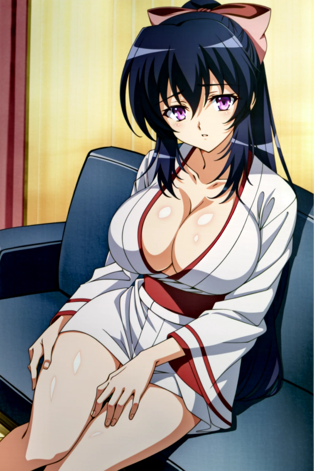 (extremely detailed CG unity 1080p wallpaper),(masterpiece),(best quality),(ultra-detailed),(best illustration),(best shadow),(absurdres),(detailed background) <lora:OGT_Himari_Noihara-v2:1> Himari Noihara, 1girl, breasts, solo, pink japanese clothes, cleavage, black hair, purple eyes, large breasts, kimono, long hair, ponytail, pink kimono, bow, downblouse, indoors, living room, couch