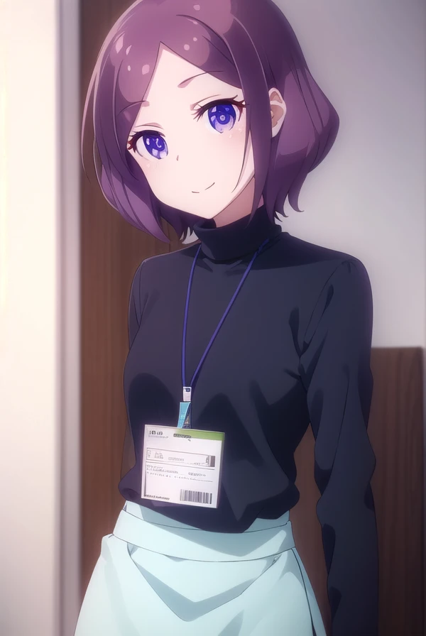 rintooyama, <lora:rin tooyama s2-lora-nochekaiser:1>,
rin tooyama, short hair, brown hair, (purple eyes:1.1), smile,
BREAK skirt, shirt, long sleeves, black skirt, turtleneck, blue shirt, id card, lanyard,
BREAK indoors, office,
BREAK looking at viewer, (cowboy shot:1.5),
BREAK <lyco:GoodHands-beta2:1>, (masterpiece:1.2), best quality, high resolution, unity 8k wallpaper, (illustration:0.8), (beautiful detailed eyes:1.6), extremely detailed face, perfect lighting, extremely detailed CG, (perfect hands, perfect anatomy),