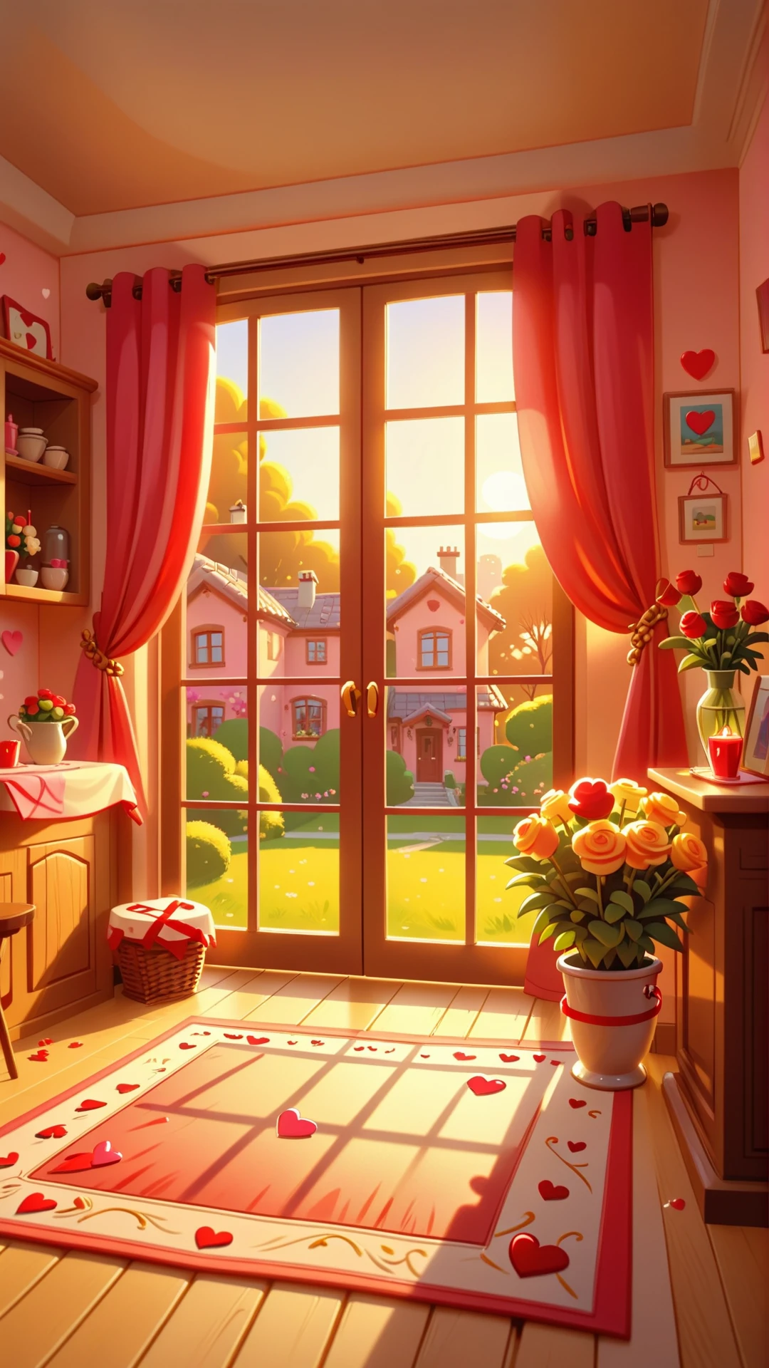 cartoon style,<lora:valentine's day date_XSE_GAME_V1:0.8>,valentine's day date,the warm sunshine,an empty home,
