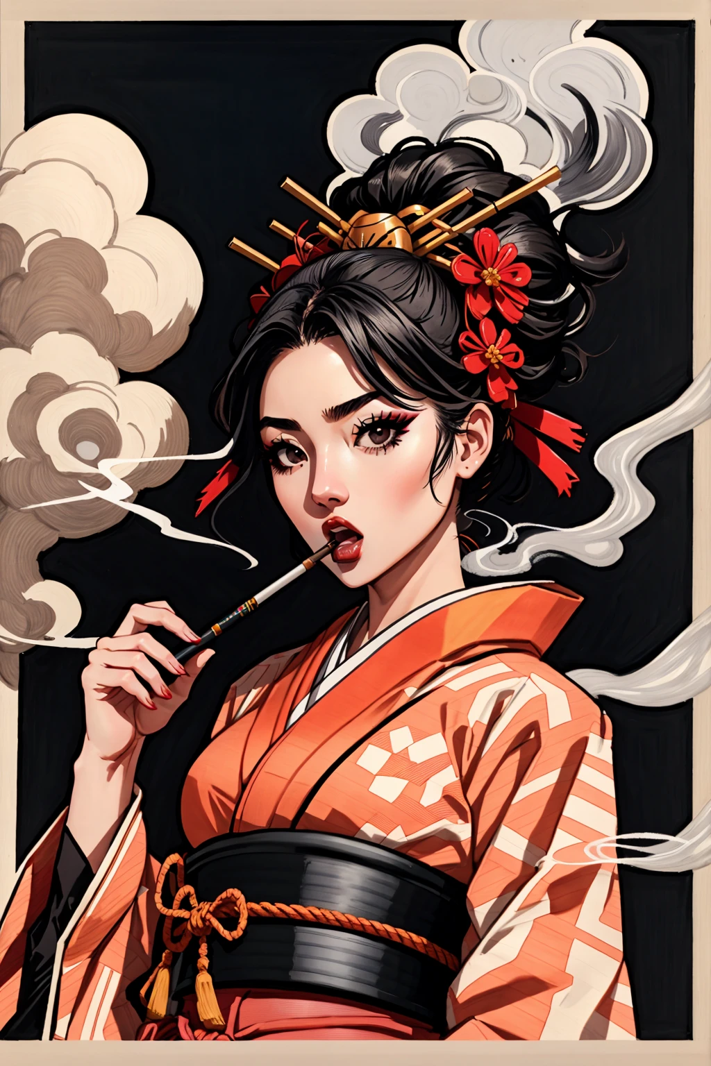 dskHedspce, 1girl, solo, looking at viewer, open mouth, black hair, hair ornament, holding, upper body, japanese clothes, hand up, kimono, black eyes, makeup, traditional media, border, smoke, smoking, hair stick, red kimono, smoking pipe, kiseru, kanzashi, holding smoking pipe, masterpiece, official art, absurdres, 32k UHD, 4 point perspective, vantage point , <lora:HeadspacesStyle:0.8>