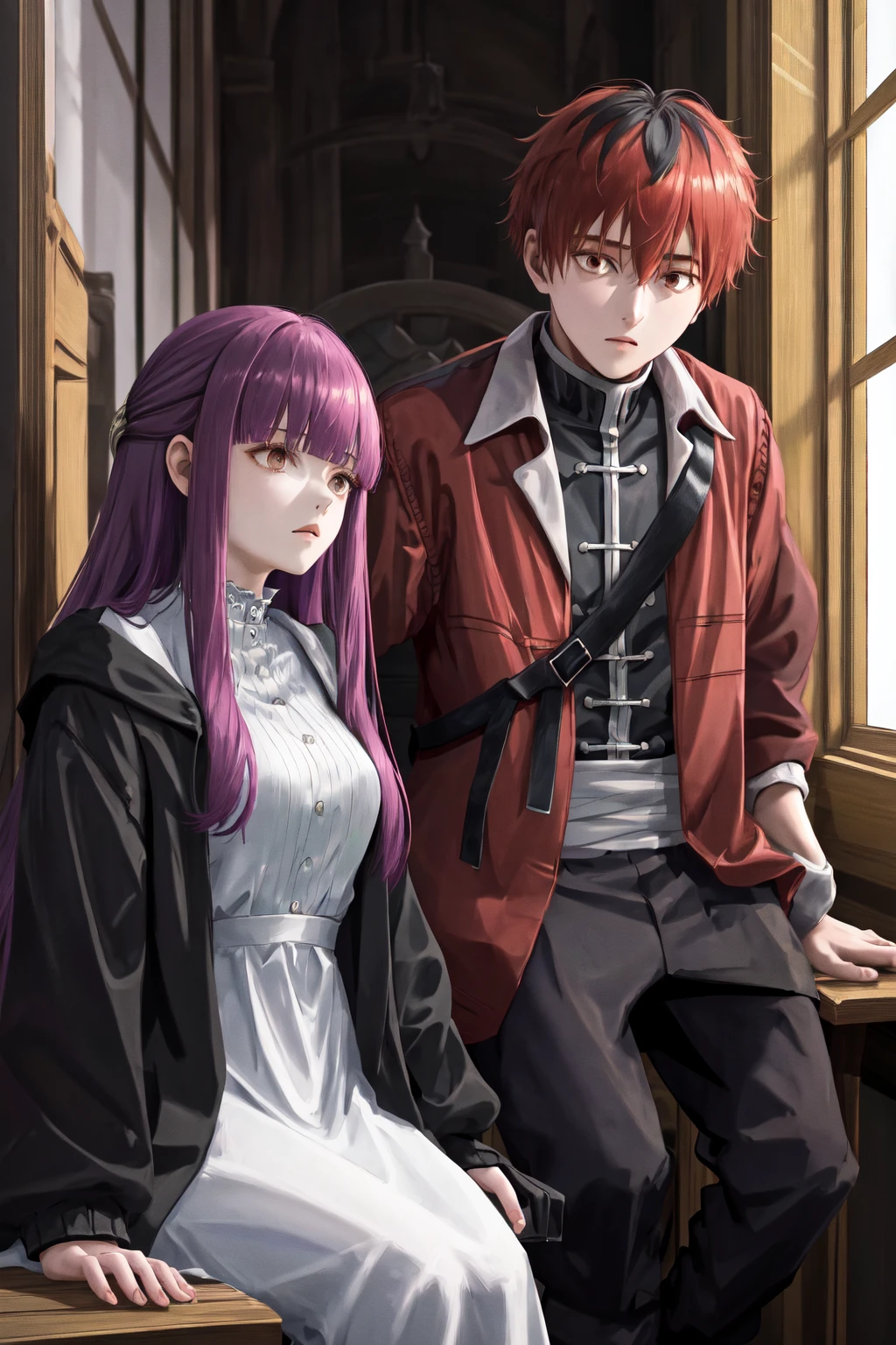 masterpiece, best quality, highres,
1girl fern, black jacket white dress,
1boy stark, red jacket open clothes black pants,
sitting
<lora:stark_fern_3:1>