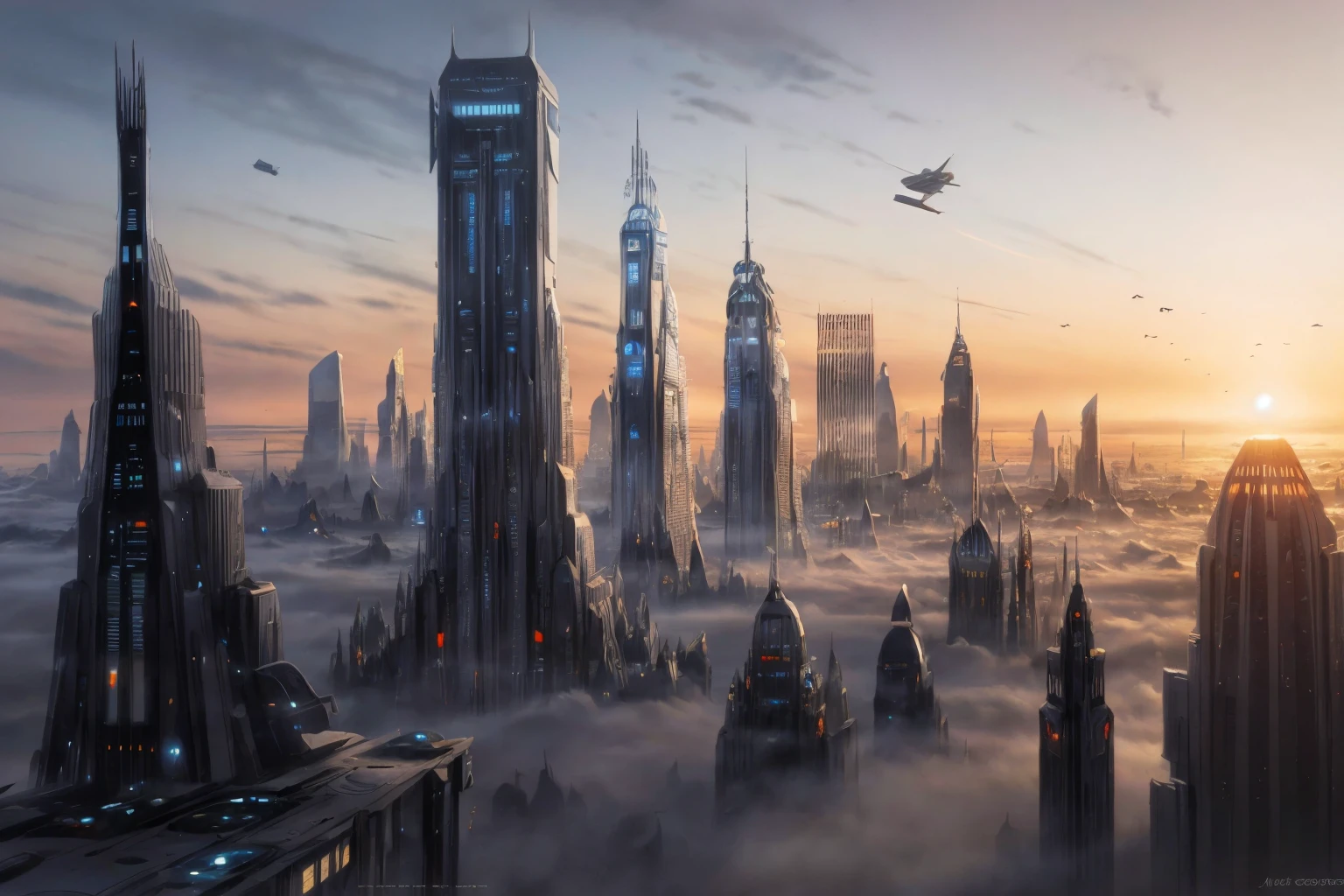 a futuristic city with a lot of tall buildings and a plane flying over it in the sky above the city, matte painting concept art, a detailed matte painting, retrofuturism <lora:Ralph_Mcquarrie_style:1>