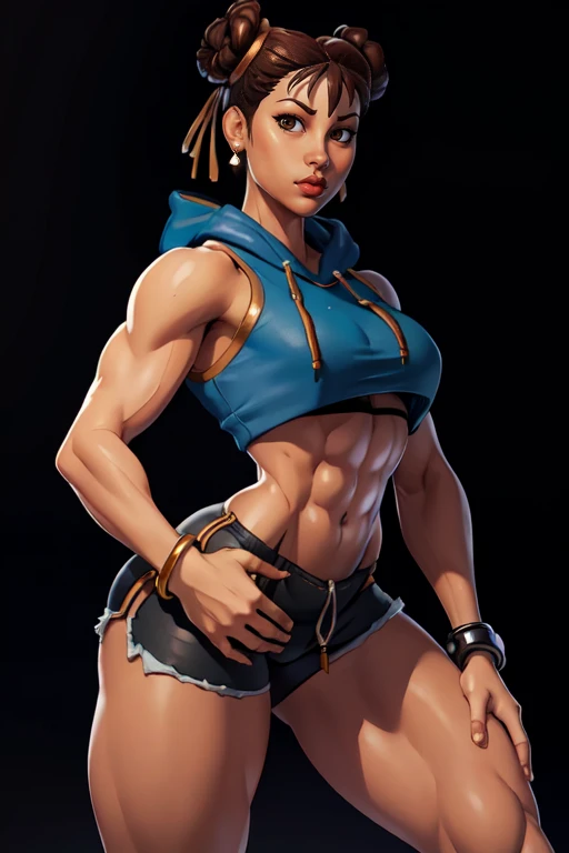 masterpiece,best quality,extreme detail,8k,<lora:chunlifn:0.8>,chunlifn2, 1girl, solo, breasts, looking at viewer, short hair, brown hair, ribbon, navel, brown eyes, jewelry, hair ribbon, earrings, shorts, alternate costume, midriff, hood, hair bun, bracelet, lips, crop top, hand on hip, short shorts, double bun, hoodie, underboob, black shorts, abs, hood down, black background, bike shorts, casual, contrapposto, toned, nose, drawstring, blue hoodie, cropped hoodie