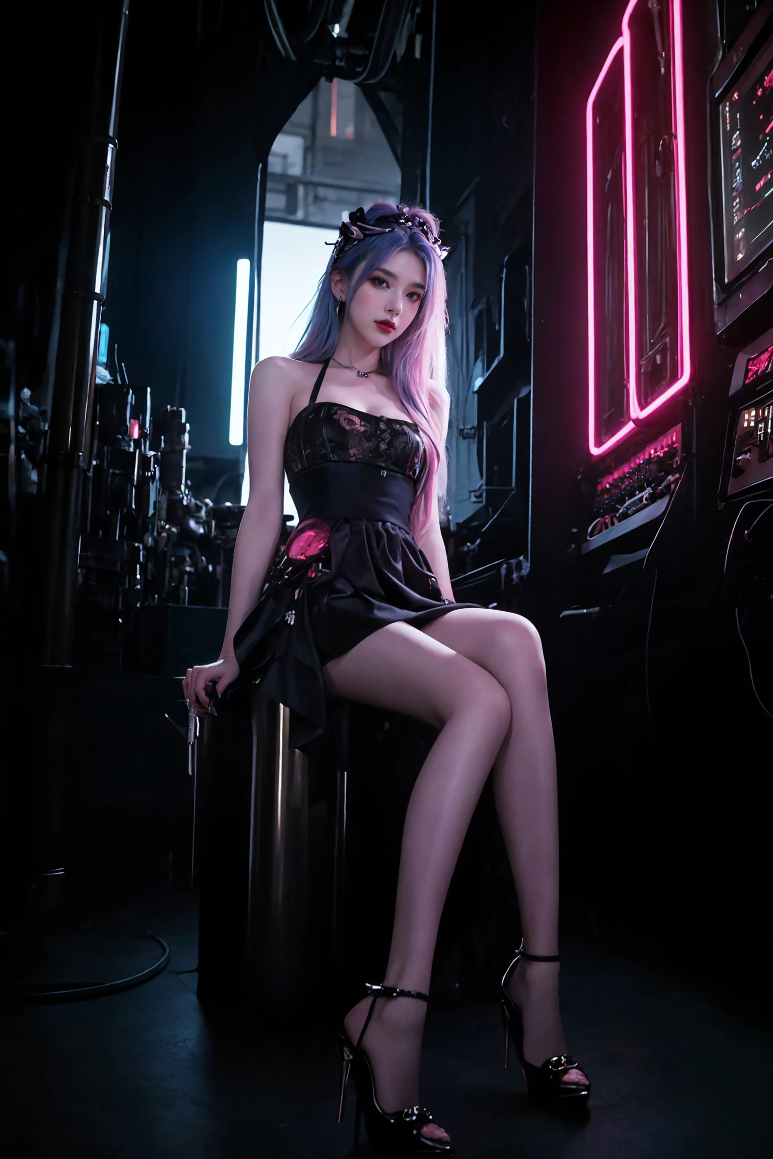 (masterpiece, top quality, best quality, official art, beautiful and aesthetic:1.2), (1girl:1.4), full body, ([pink|blue] hair), extreme detailed,(fractal art:1.3),colorful,highest detailed,((Mechanical modification)),(modification), Maiden, Half-sitting, A complex mechanical conduit is inserted into the back,catheter, neon background, neon city,night, gothic_lolita, high heels,
