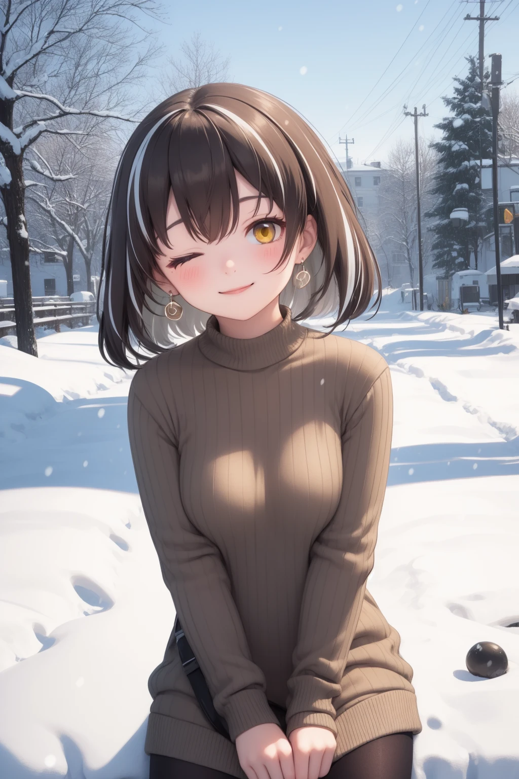masterpiece, best quality, 1girl, looking at viewer, one eye closed, snow, yellow eyes, cute, smile, sweater, <lora:magallanAK:1>