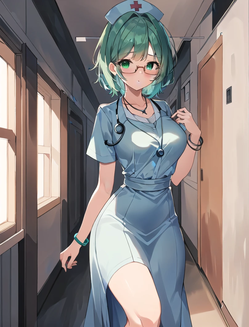 ((masterpiece, best quality, high quality)),1girl, (lower body, hospital) <lora:Long nurse unifirm T1:0.8> ((longnurset1, nurse cap, stethoscope, nurse,long dress)), <lora:Tomomi Kii:0.55> (1girl, 3dcg 08, aqua hair, bangle, collarbone, glasses, green eyes, hairband, medium breasts, necklace, semi-rimless eyewear, short hair, sidelocks, solo, tomomi kii, under-rim eyewear),