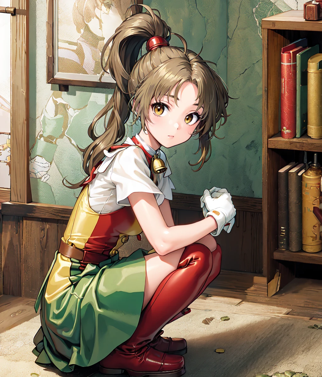 Anime screencap, masterpiece, best quality, detailed face, detailed eyes, 1girl, solo,((repairing a robot)), holding tools, mechanic, light brown hair, brown eyes, red yellow jester costume, green skirt, white collar, bell chocker, ponytail, brown tighs, crouching,  full body, cowboyshot, indoors, workshop <lora:Meg:0.9>