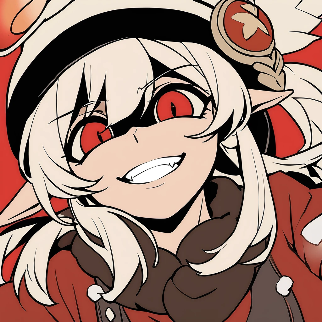 masterpiece, best quality, aokizy, 1girl, flat color, bright red background, klee \(genshin impact\) \(cosplay\), smirk, <lora:aokizy_2.0_xl:1>