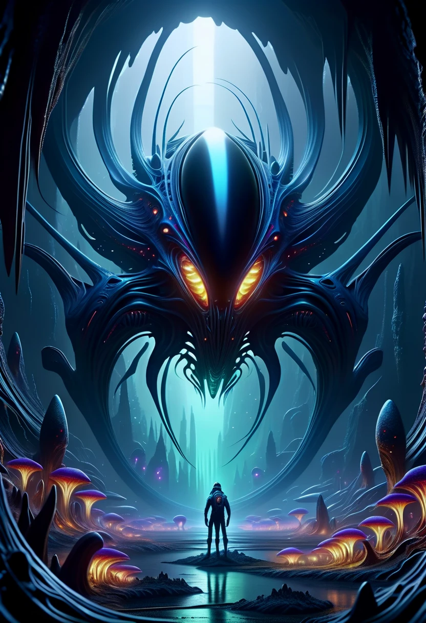 hyper detailed masterpiece, dynamic realistic digital art, awesome quality,DonMX3n0XL,expanse in cave biome, bio organic alien, eerie glow <lora:DonMX3n0XL-000008:0.8>