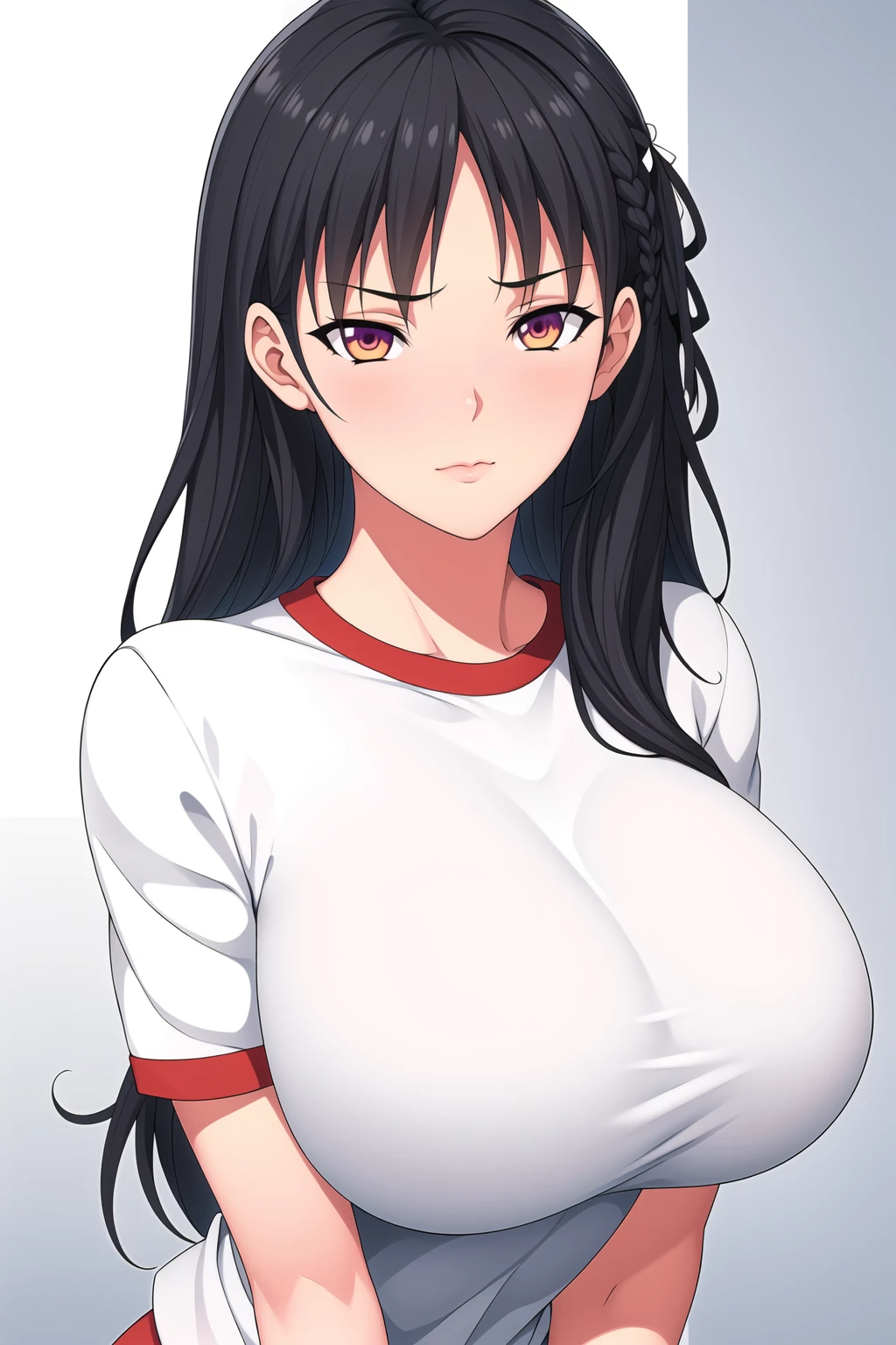 Simple White Background,
White shirt, short sleeves,pokie,
<lora:Suzune_Horikita_YouZitsu-KK77-V1:0.5>,gym uniform,
Orange eyes, Black hair,bangs,Long hair,hair ornament, white ribbon,braid,
<lora:Oda_Non_Style-KK77-V2:0.5>,<lora:more_details:0.1>,
1 girl, 20yo,Young female,Beautiful long legs,Beautiful body,
Beautiful Nose,Beautiful character design, perfect eyes, perfect face,expressive eyes,perfect balance,
looking at viewer,(Focus on her face),closed mouth, (innocent_big_eyes:1.0),(Light_Smile:0.3),
official art,extremely detailed CG unity 8k wallpaper, perfect lighting,Colorful, Bright_Front_face_Lighting,White skin,
(masterpiece:1.0),(best_quality:1.0), ultra high res,4K,ultra-detailed,
photography, 8K, HDR, highres, absurdres:1.2, Kodak portra 400, film grain, blurry background, bokeh:1.2, lens flare, (vibrant_color:1.2),professional photograph,
(Beautiful,large_Breasts:1.4), (beautiful_face:1.5),(narrow_waist),