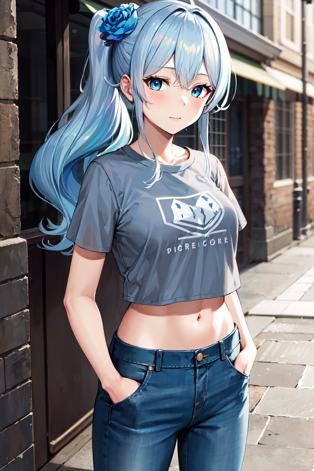 masterpiece, best quality, highres, aamahiro, long hair, blue hair, side ponytail, hair flower, blue flower, blue eyes, <lora:yukishiro_mahiro_v1:0.7>, t-shirt, crop top, jeans, street, hand in pocket, standing