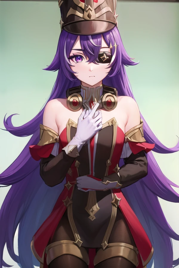 chevreuse, <lora:chevreuse-lora-nochekaiser:1>,
chevreuse, (eyepatch:1.5), long hair, mole, mole under mouth, multicolored hair, (purple eyes:1.1), purple hair, streaked hair, two-tone hair, very long hair, white hair,
BREAK bare shoulders, detached sleeves, black dress, black headwear, black pantyhose, boots, dress, earmuffs, earmuffs around neck, gloves, gold trim, gun, hat, pantyhose, red dress, shako cap, short dress, thigh boots, two-tone hair, white footwear, white gloves,
BREAK outdoors, city,
BREAK looking at viewer, (cowboy shot:1.5),
BREAK <lyco:GoodHands-beta2:1>, (masterpiece:1.2), best quality, high resolution, unity 8k wallpaper, (illustration:0.8), (beautiful detailed eyes:1.6), extremely detailed face, perfect lighting, extremely detailed CG, (perfect hands, perfect anatomy),