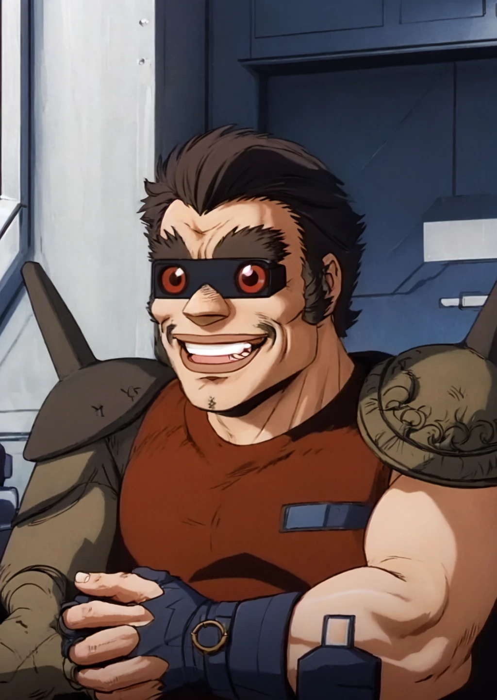 buaku, solo, male, aged, upper body, short hair, visor with red lenses,grin, metal arm, (profiles:0.6), <lora:Buaku_Dominion_Tank_Police-000013:1>