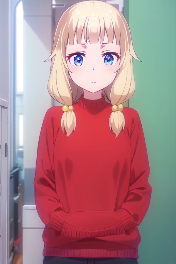 nenesakura, <lora:nene sakura s2-lora-nochekaiser:1>, 
nene sakura, bangs, blue eyes, blonde hair, hair ornament, twintails, hair bobbles,
BREAK long sleeves, shirt, collared shirt, sweater, (red sweater:1.5), 
BREAK indoors, office,
BREAK looking at viewer, (cowboy shot:1.5),
BREAK <lyco:GoodHands-beta2:1>, (masterpiece:1.2), best quality, high resolution, unity 8k wallpaper, (illustration:0.8), (beautiful detailed eyes:1.6), extremely detailed face, perfect lighting, extremely detailed CG, (perfect hands, perfect anatomy),