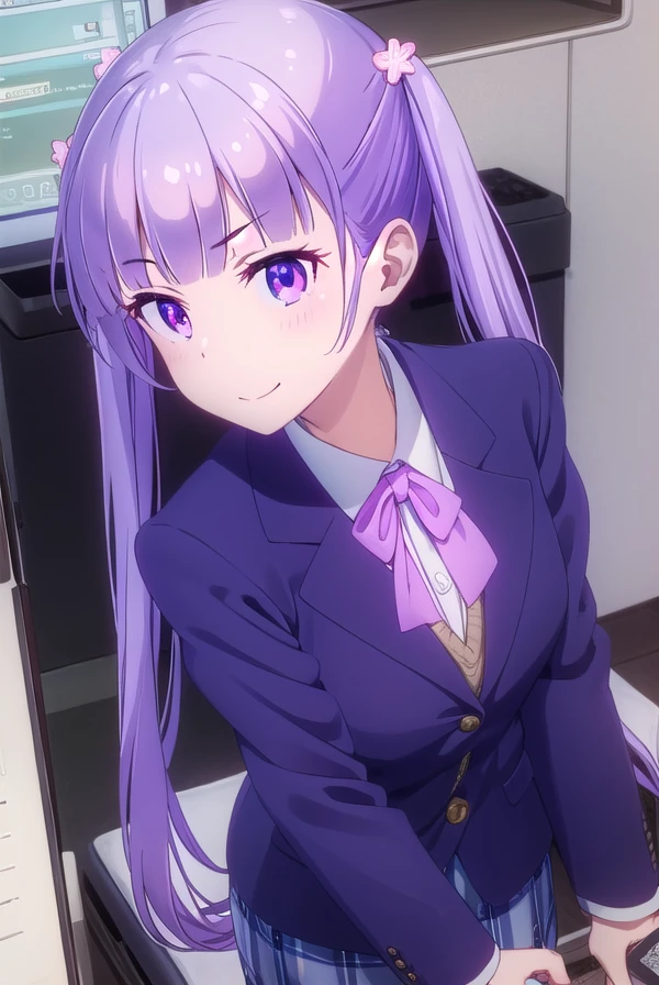 aobasuzukaze, <lora:aoba suzukaze s2-lora-nochekaiser:1>,
aoba suzukaze, eyebrows, hair ornament, long hair, (purple eyes:1.1), purple hair, twintails, smile,
BREAK blue skirt, bow, bowtie, business suit, dress shirt, formal, neck ribbon, pink bow, pink bowtie, pink ribbon, ribbon, shirt, skirt, skirt suit, suit, white shirt,
BREAK indoors, office,
BREAK looking at viewer, (cowboy shot:1.5),
BREAK <lyco:GoodHands-beta2:1>, (masterpiece:1.2), best quality, high resolution, unity 8k wallpaper, (illustration:0.8), (beautiful detailed eyes:1.6), extremely detailed face, perfect lighting, extremely detailed CG, (perfect hands, perfect anatomy),