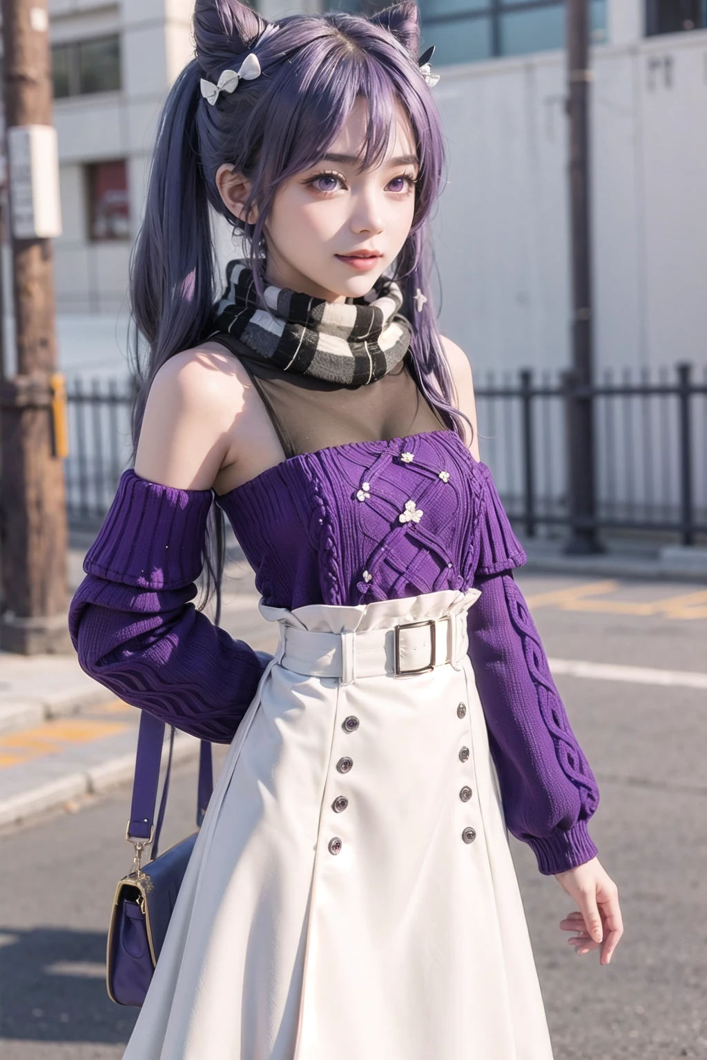 gikeqlr, <lora:wrenchgikeqlr:1>, 1girl, sweater, scarf, long skirt, twintails, purple hair, purple eyes, light smile, bodystocking,