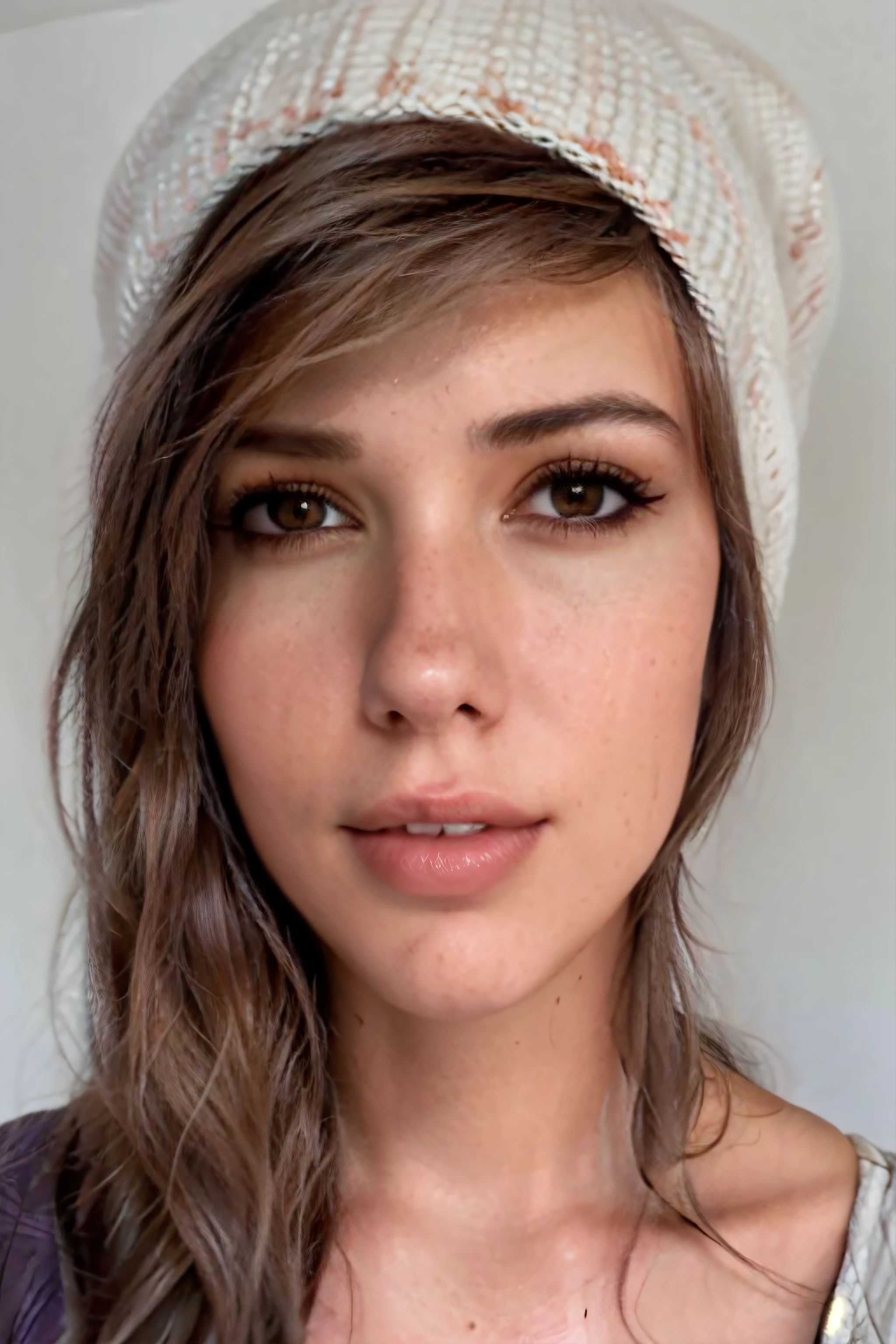 4l4n4hp, 1girl, face, upper body, brown hair, beanie