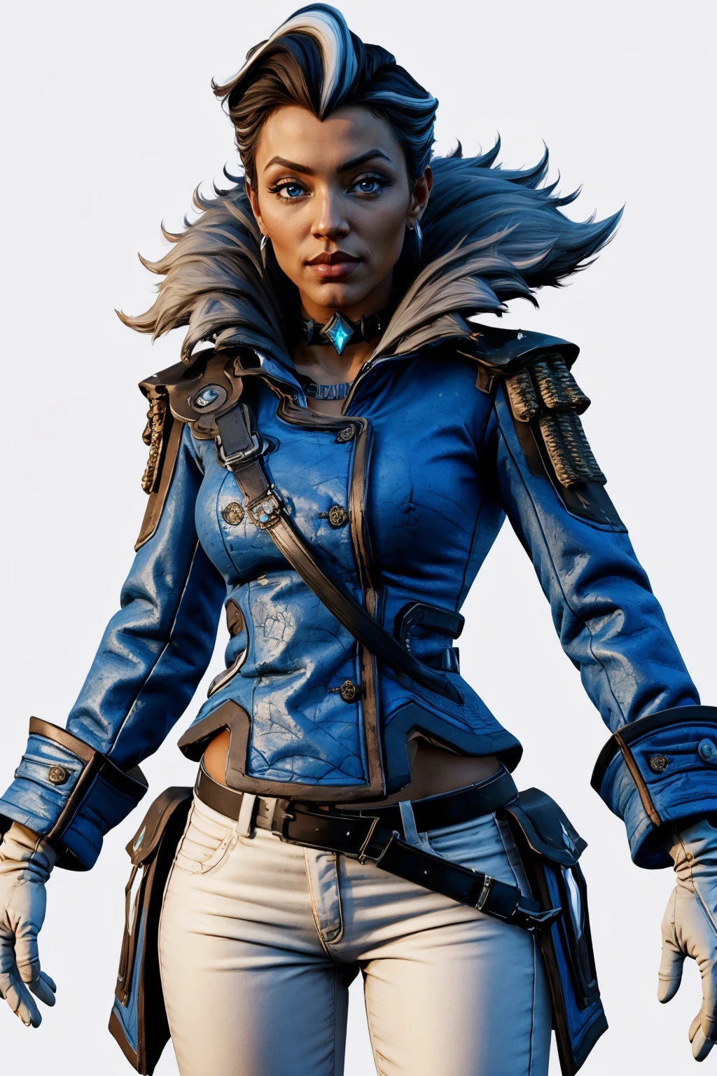 (masterpiece, best quality:1.2), <lora:aureliahammerlock:1>, aureliahammerlock, 1girl, solo, jewelry, black hair, multicolored hair, fur trim, gloves, makeup, jacket, pants, belt, streaked hair, white pants, white background, simple background,
