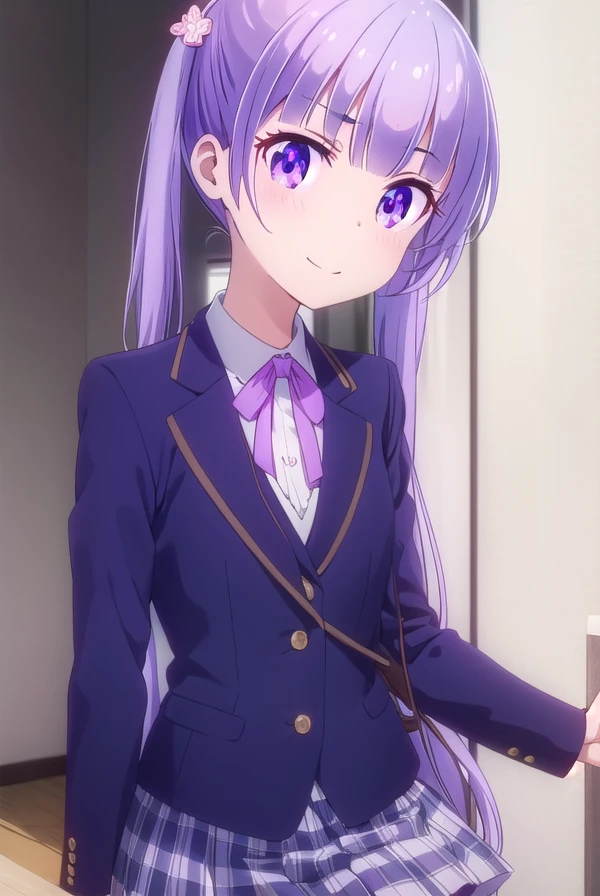 aobasuzukaze, <lora:aoba suzukaze s2-lora-nochekaiser:1>, 
aoba suzukaze, eyebrows, hair ornament, long hair, (purple eyes:1.1), purple hair, twintails, smile,
BREAK blue skirt, bow, bowtie, business suit, dress shirt, formal, neck ribbon, pink bow, pink bowtie, pink ribbon, ribbon, shirt, skirt, skirt suit, suit, white shirt,
BREAK indoors, office,
BREAK looking at viewer, (cowboy shot:1.5),
BREAK <lyco:GoodHands-beta2:1>, (masterpiece:1.2), best quality, high resolution, unity 8k wallpaper, (illustration:0.8), (beautiful detailed eyes:1.6), extremely detailed face, perfect lighting, extremely detailed CG, (perfect hands, perfect anatomy),