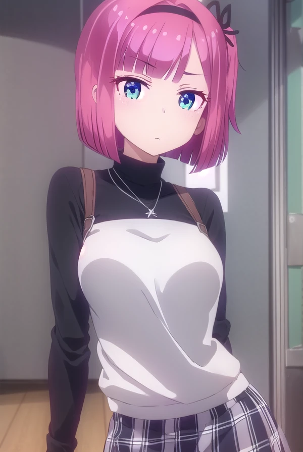momijimochizuki, <lora:momiji mochizuki s2-lora-nochekaiser:1>,
momiji mochizuki, short hair, blue eyes, ribbon, hair ribbon, pink hair, side ponytail, one side up,
BREAK skirt, shirt, jewelry, necklace, sweater, turtleneck, black sweater, plaid skirt, grey skirt, short sleeves,
BREAK indoors, office,
BREAK looking at viewer, (cowboy shot:1.5),
BREAK <lyco:GoodHands-beta2:1>, (masterpiece:1.2), best quality, high resolution, unity 8k wallpaper, (illustration:0.8), (beautiful detailed eyes:1.6), extremely detailed face, perfect lighting, extremely detailed CG, (perfect hands, perfect anatomy),