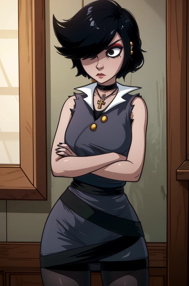 mari,black hair,makeup,stud earrings,black eyes,hair over one eye,
grey dress,sleeveless,black sash,Ankh necklace,choker,pantyhose,dress skirt,
standing,upper body,serious,crossed arms,
room,dim lighting,
(insanely detailed, masterpiece, best quality),<lora:mari:0.8>,