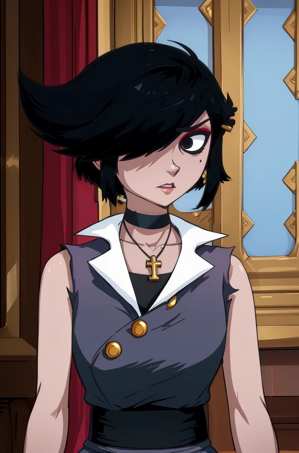 mari,black hair,makeup,stud earrings,black eyes,hair over one eye,
grey dress,sleeveless,black sash,Ankh necklace,choker,
standing,upper body,serious,
room,dim lighting,
(insanely detailed, masterpiece, best quality),<lora:mari:0.8>,