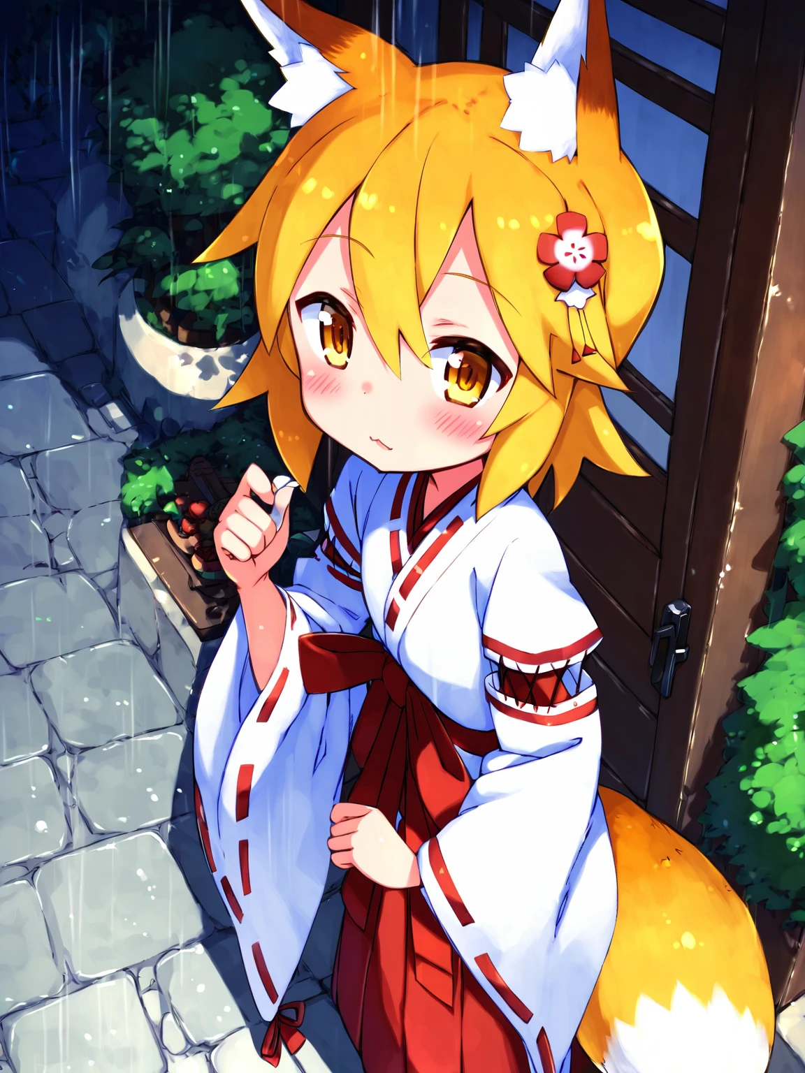 score_8_up, score_7_up, score_6_up, best quality, masterpiece, source_anime, oudoors, park, rain,from above, looking at viewer , miko, japanese clothes, ribbon mesh sleeves, by aaaa \(quad-a\)
BREAK
sen, blonde hair, animal ears, fox ears, blush, animal ear fluff, hair ornament, fox girl, hair flower, hair between eyes, short hair, fox tail, tail, flat chest, yellow eyes, young girl
<lora:senko_ponyxl_v1:1>