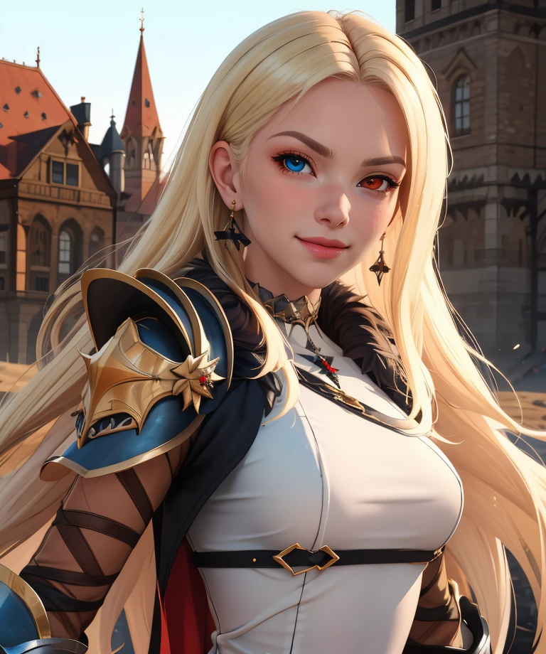 shane,blond hair,long hair,heterochromia,
short dress,single shoulder pad,fur trim,armor,arm bands, earrings, 
upper body,smile,
standing,plains,
(insanely detailed, masterpiece, best quality),solo,<lora:shane:0.8>,