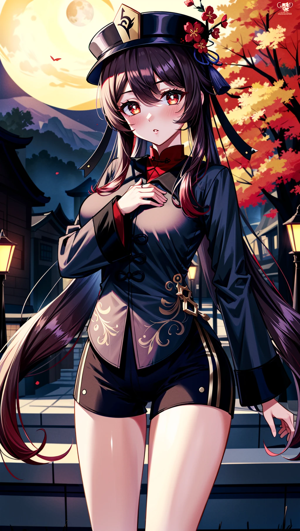 (4k,masterpiece, high resolution, best quality:2, breathtaking, ultra detailed:1.4),A cool female in the street at night,hutao,Hutao,hu hu tao (genshin impact),1girl,hat,ghost,jewelry,looking at viewer,symbol-shaped pupils,flower,shorts,twintails,solo,long hair,brown hair,long sleeves,black shorts,black headwear,hat flower,ghost pose,blush,red eyes,rim light,depth_of_field,scenery,reality,huge filesize,Cinematic Lighting,<lora:more_details:0.4>,in autumn,moon,chinese clothes,twintails,<lora:[LoRA] mhy_hutao_v1.0:0.6>,, (masterpiece, high resolution, best quality:1.4, breathtaking, ultra detailed)