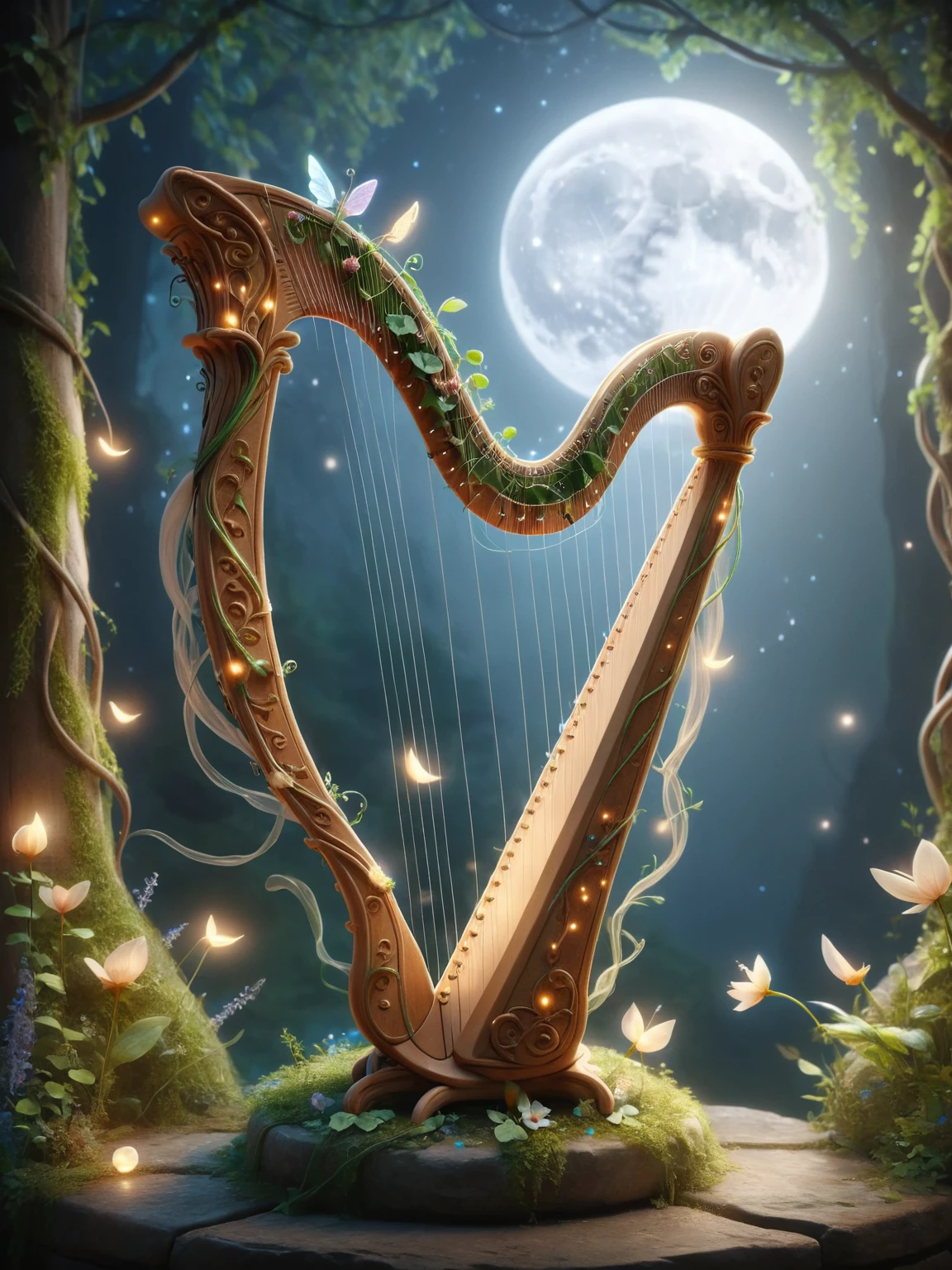 <lora:Fairy_Style_SDXL:1> An ais-fairy harp, its strings whispering ancient melodies, each note a petal of pure moonlight.